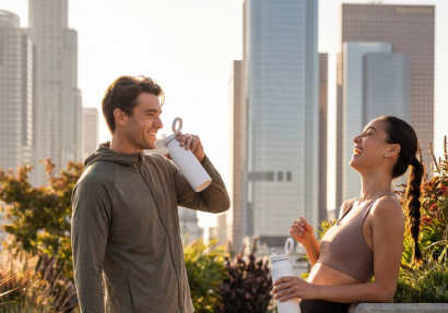 Two people with SIPPLE bottles outdoors at city rooftop gym