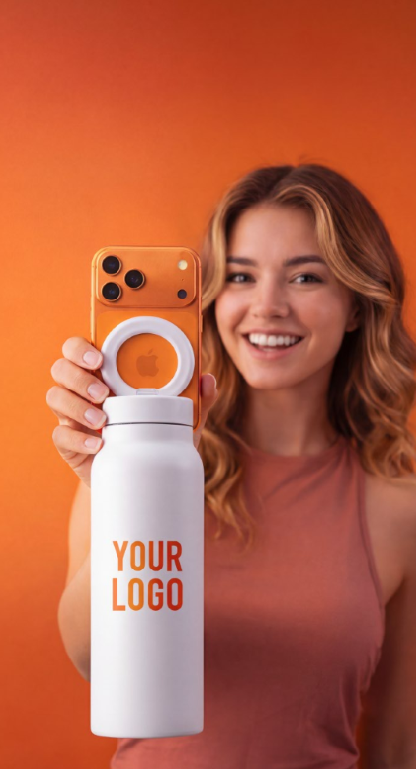 SIPPLE bottle with phone magnetically mounted showing YOUR LOGO